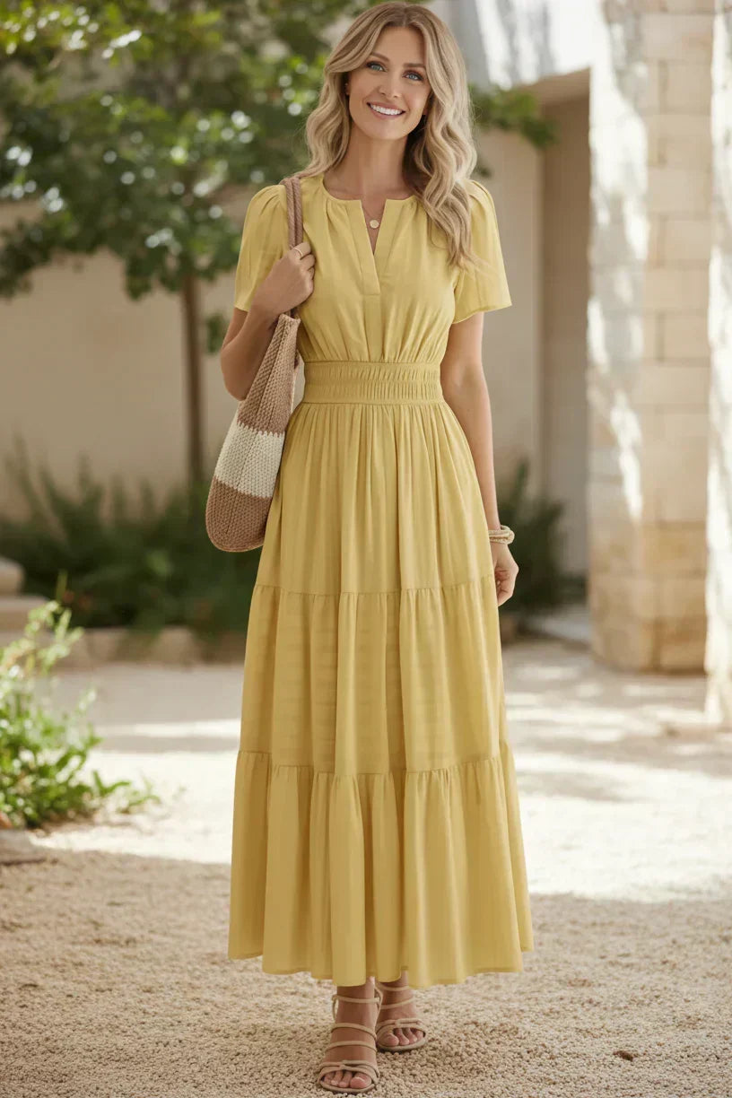 V-Neck Puff Sleeve Smocked Waist Tiered Maxi Dress