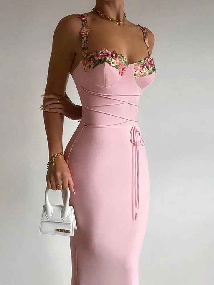 Floral Applique Strap Bustier Lace Up Waist Bodycon Dress