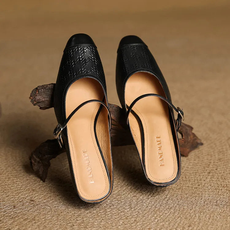Embossed Square Toe Buckle Strap Block Heel Mary Jane Pumps
