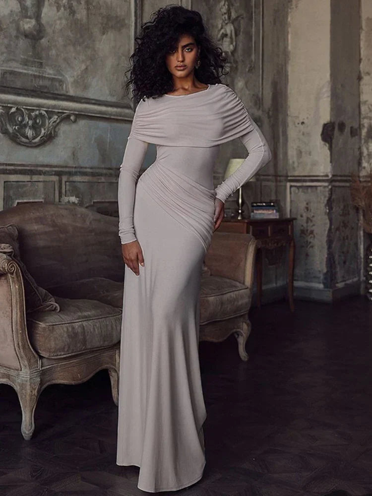 Solid Long Sleeve Irregular Splice Long Dress