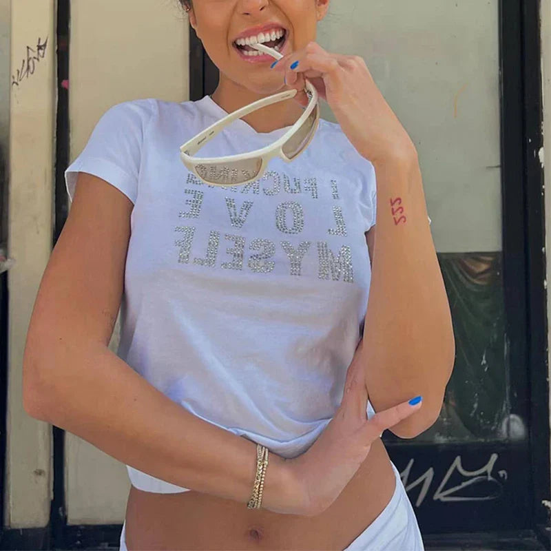 Rhinestone Y2K Harajuku Baby Tees Crop Top