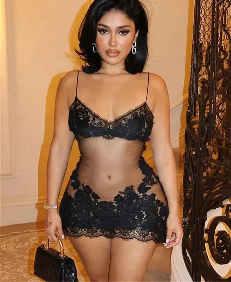 Sheer Mesh Floral Applique Halter Neck Lace Trim Mini Dress 4