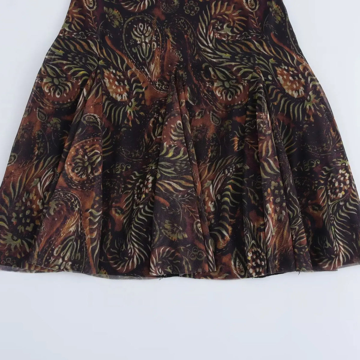 Paisley Print Mesh Crew Neck Long Sleeve Pleated Mini Dress 5