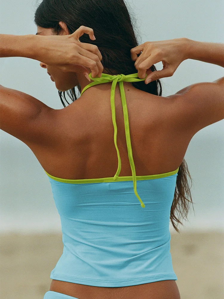 Crop Tank Top Halter Tube Top Color Contrast Two Piece Shorts Set