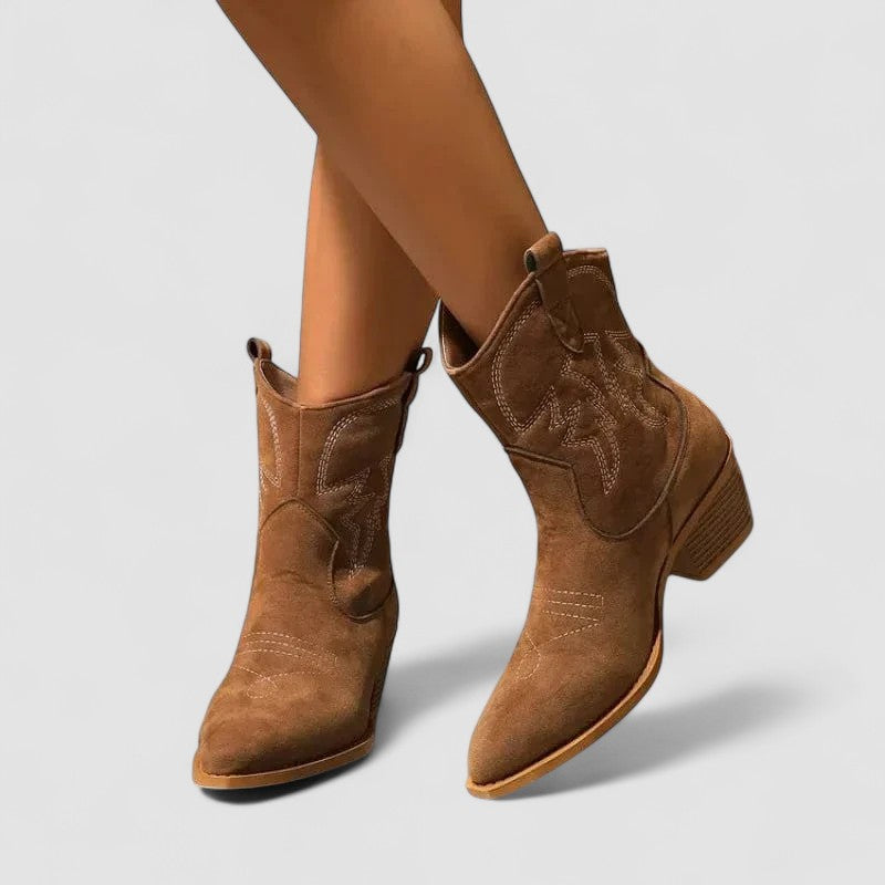 Embroidered Block Heel Western Ankle Boots