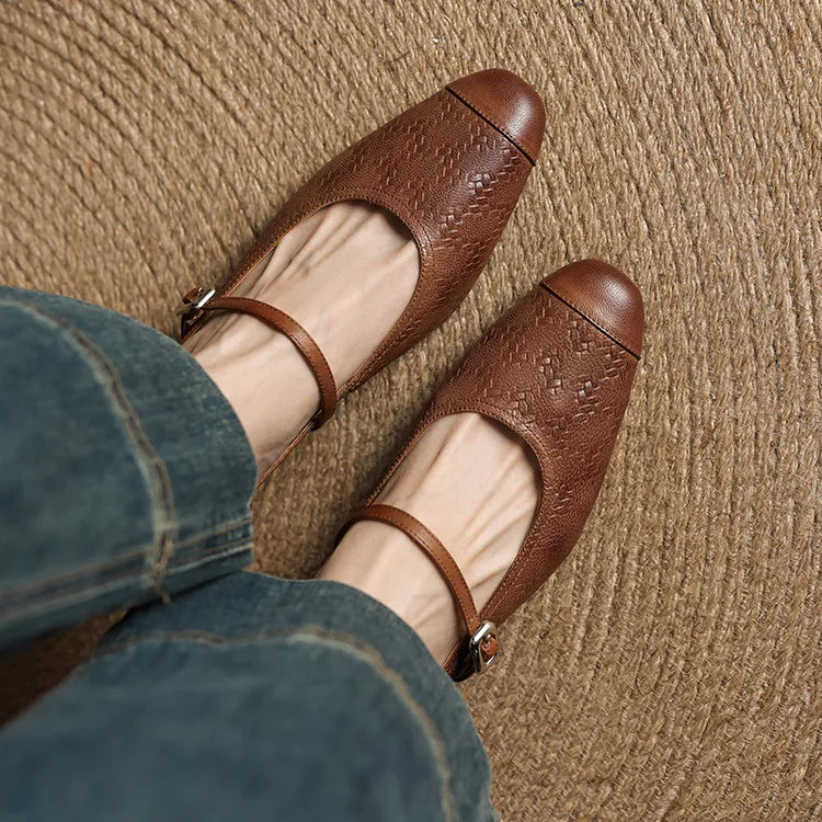 Embossed Square Toe Buckle Strap Block Heel Mary Jane Pumps