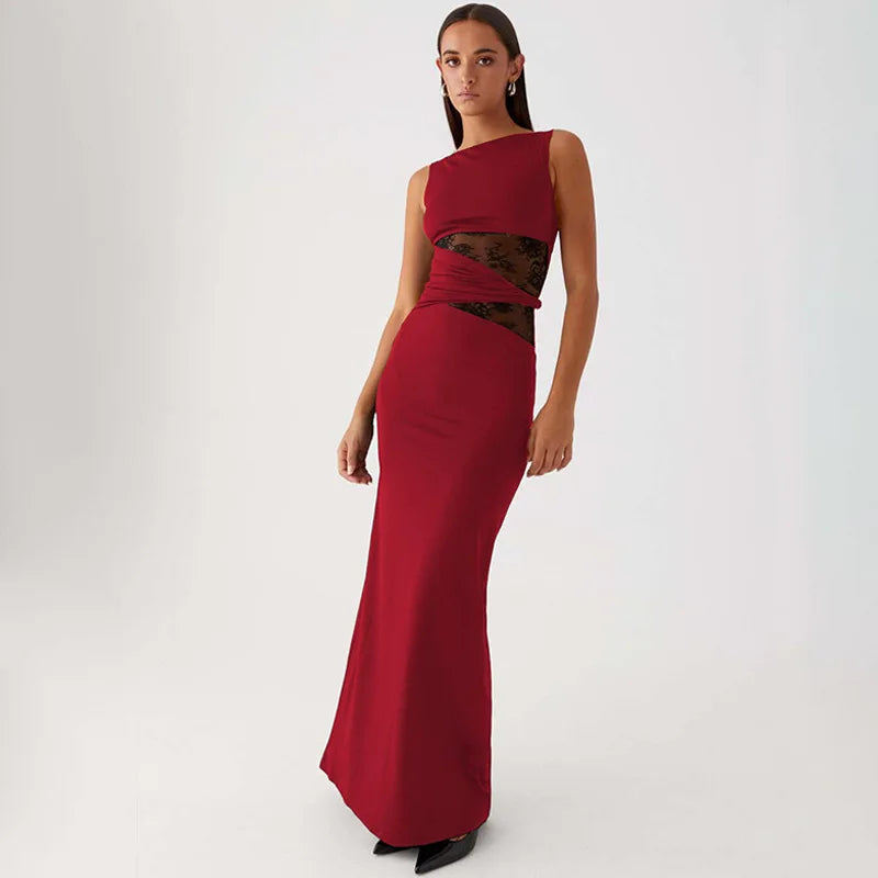 Asymmetric Neck Cap Sleeve Lace Waist Panel Bodycon Maxi Dress 7