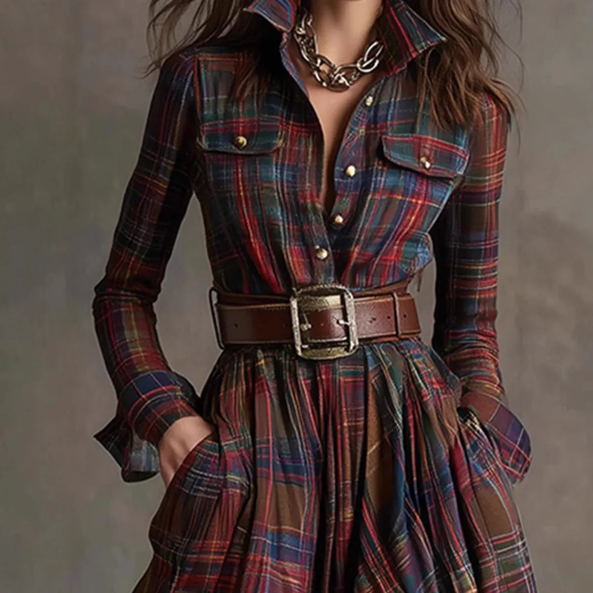 Plaid Collared Long Sleeve Belted High Split Maxi Dress