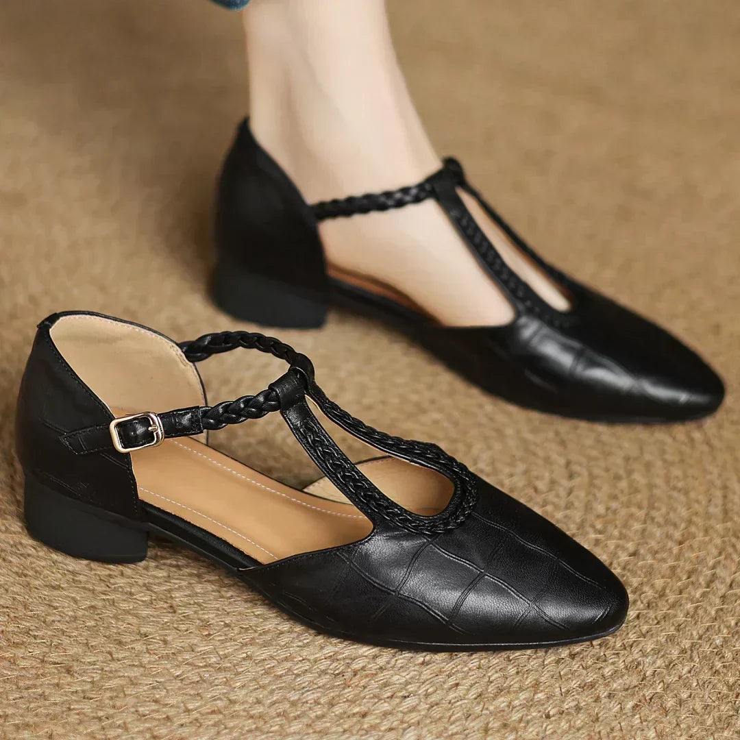 Pointed Toe Braided T-Strap Flats