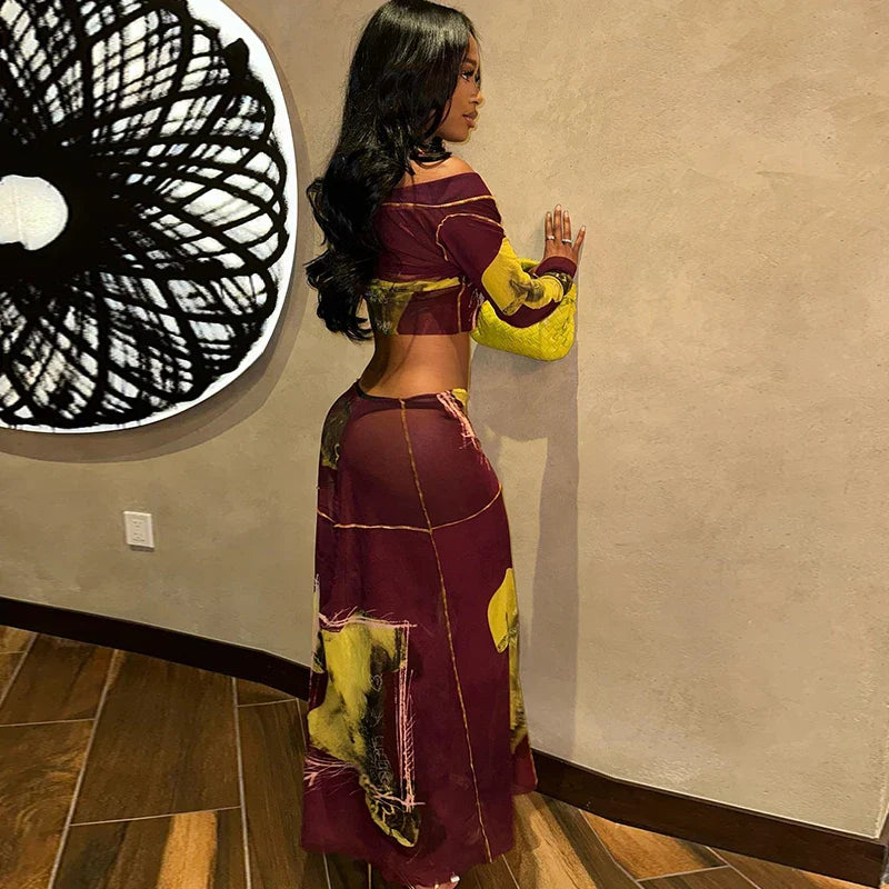 Crop Long Sleeve See Through Beach Vacation Two Piece Skirt Set