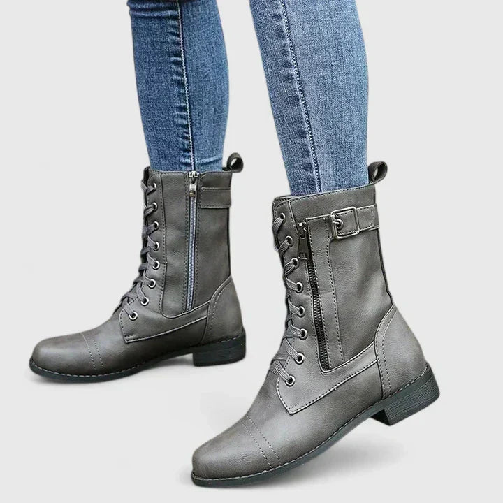 Lace Up Side Zip Mid Calf Combat Boots
