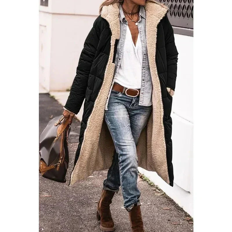 Hooded Sherpa Lined Longline Quilted Coat