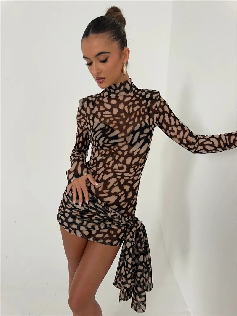 Leopard Print Sheer Mesh Mock Neck Long Sleeve Side Tie Mini Dress 4