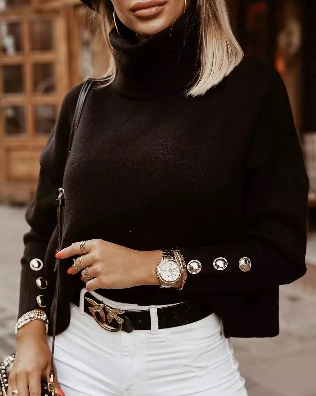 Turtleneck Long Sleeve Button Cuff Ribbed Sweater