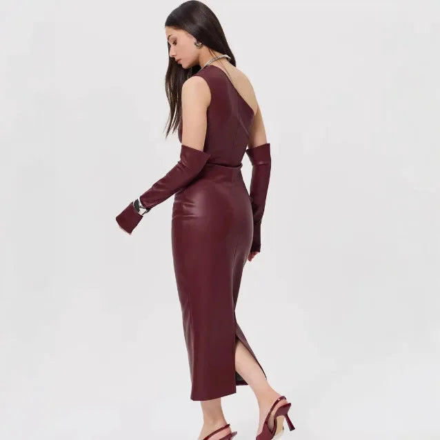 Off - Shoulder Strapless Faux Leather Patchwork Dress