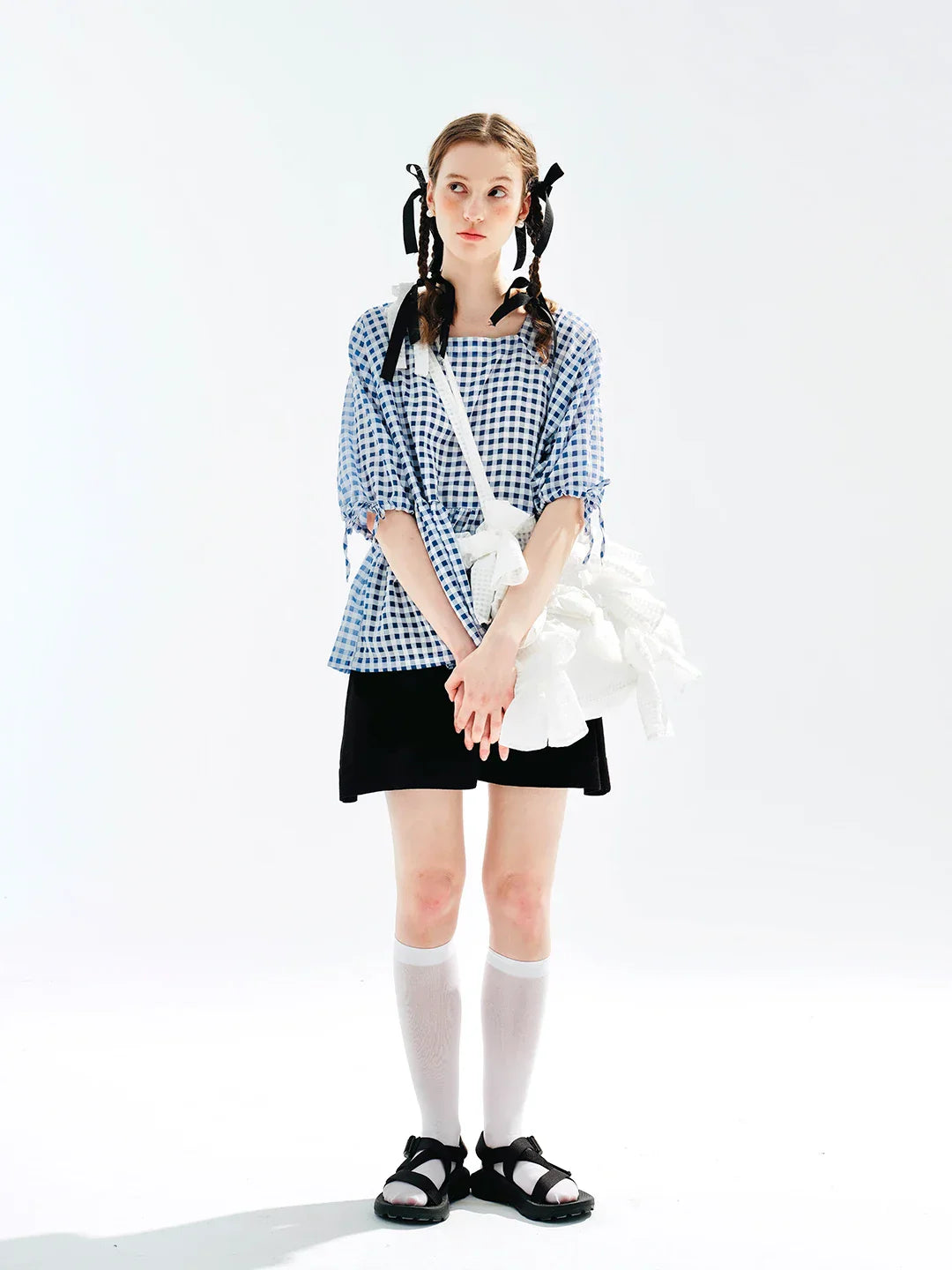 Plaid Laceup Short Sleeve Tshirt Blouse