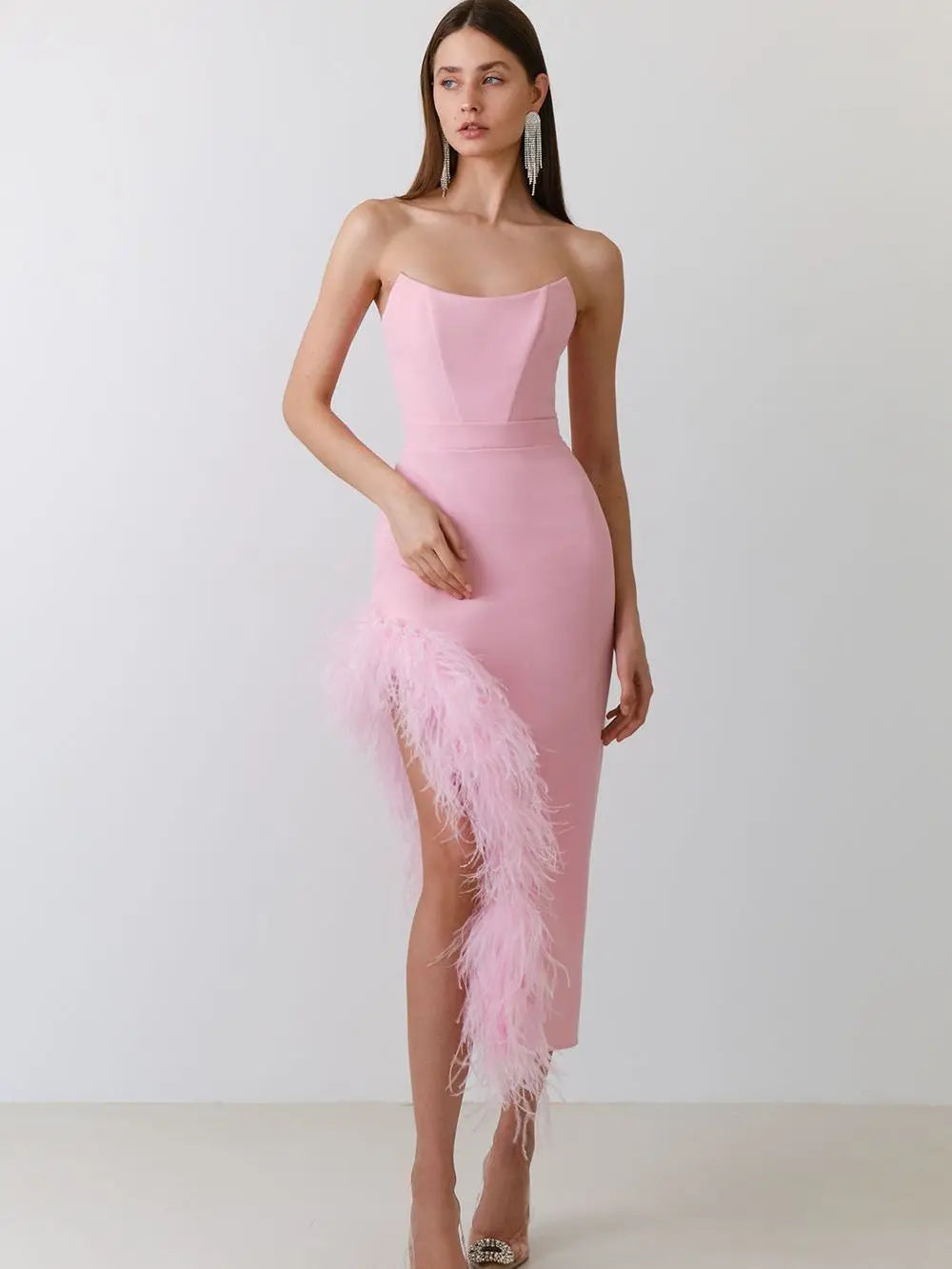 Feather Strapless Midi Dress 4