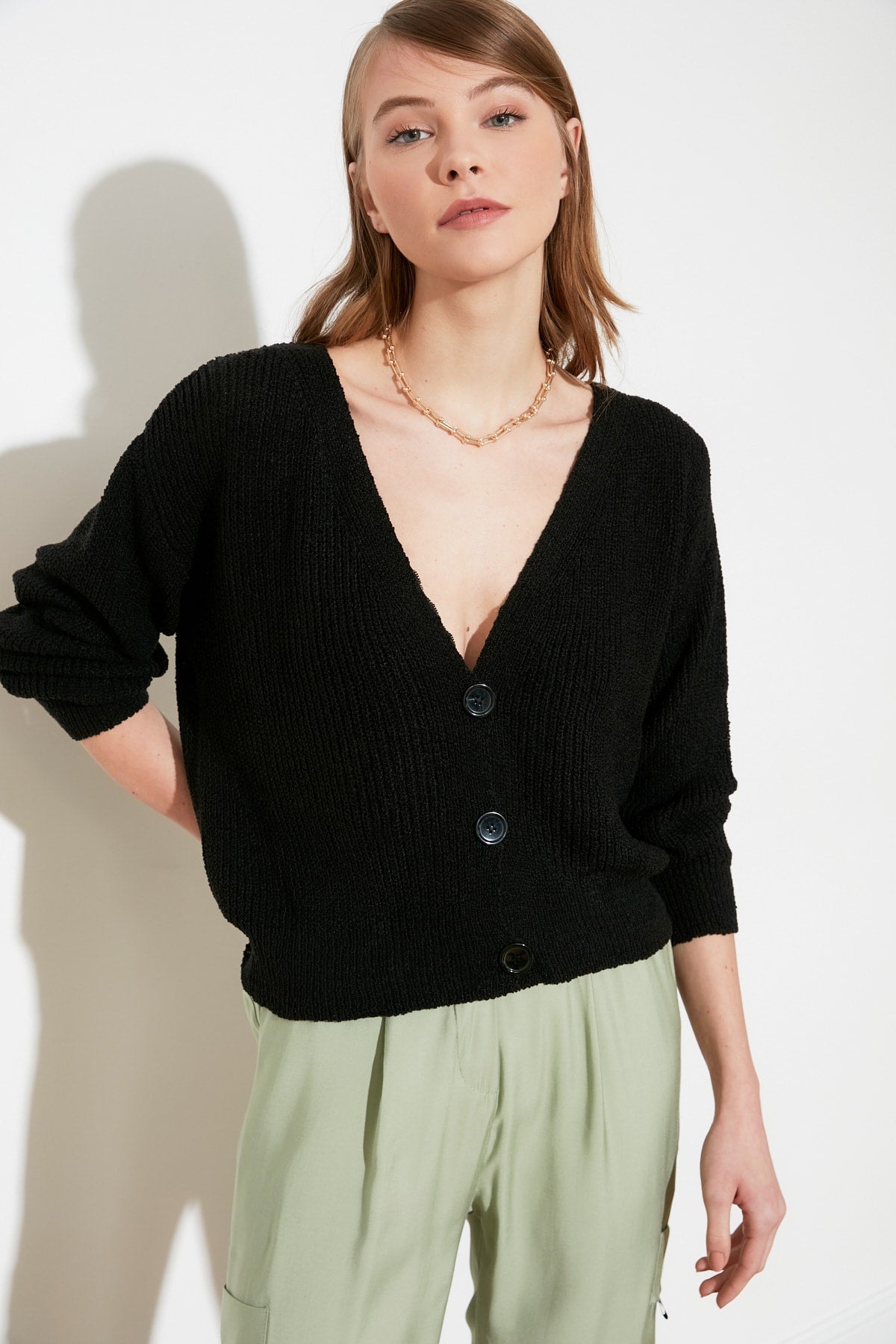 V-Neck Button Front Long Sleeve Open Knit Cropped Cardigan 15