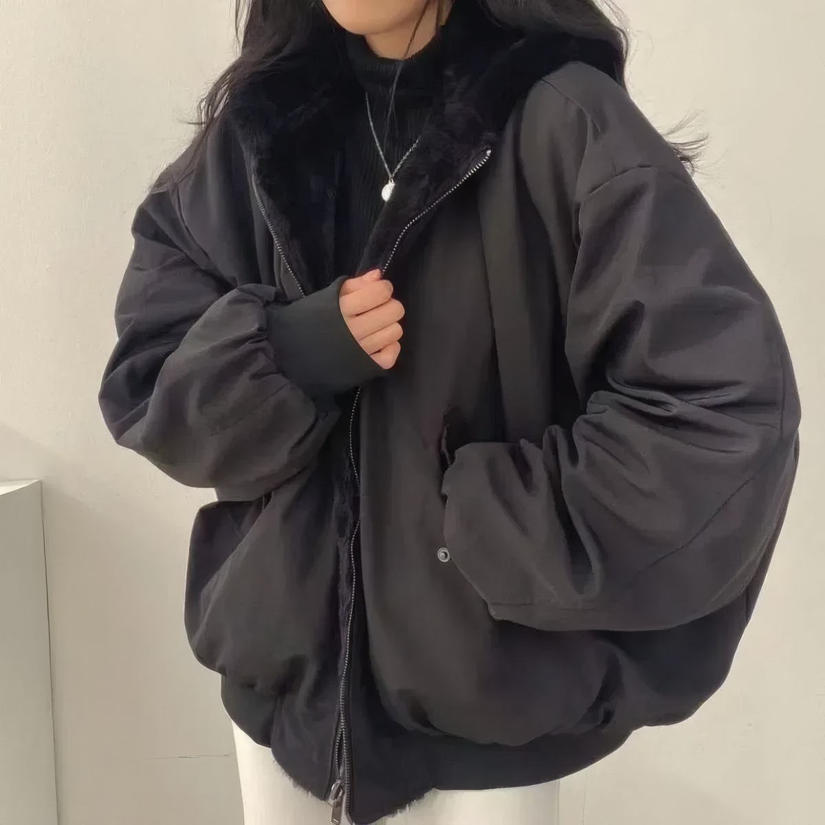 Sherpa Lined Zip Front Stand Collar Oversized Bomber Jacket