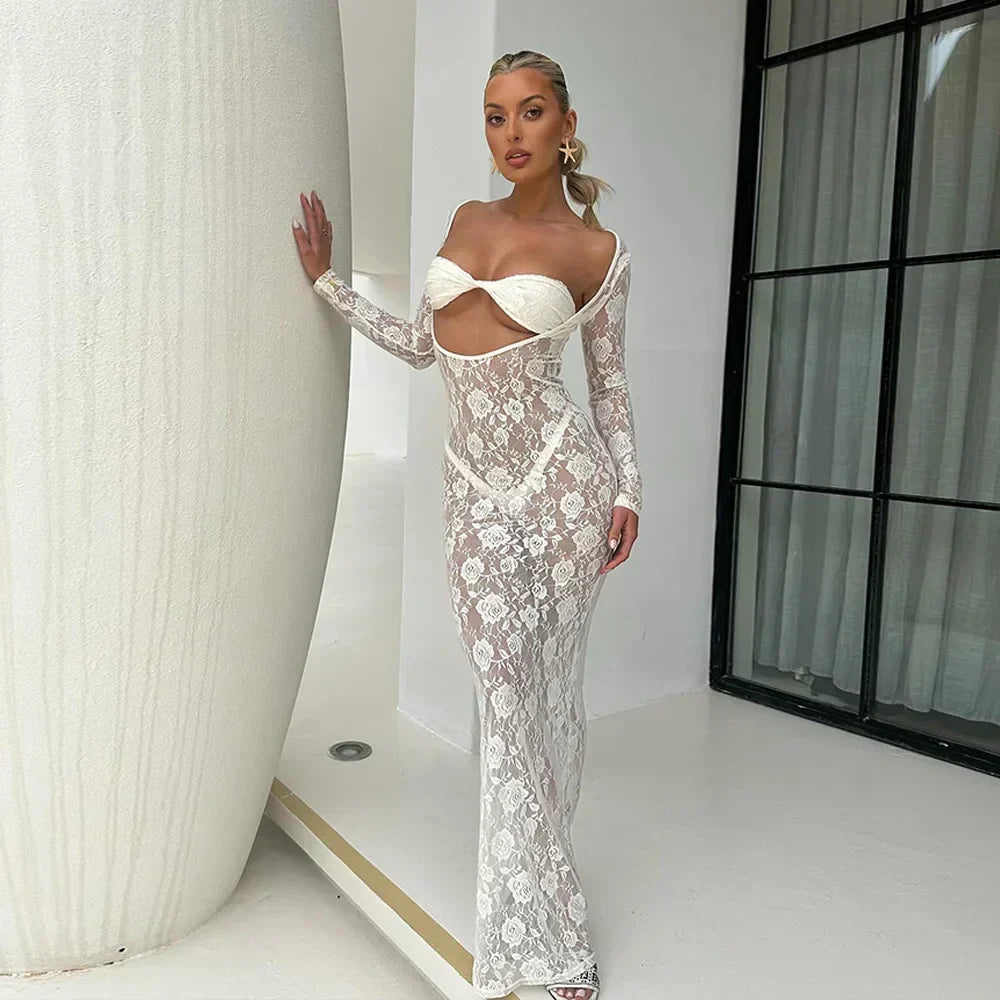 Sheer Floral Lace Long Sleeve Cut Out Twist Bust Bodycon Maxi Dress 6
