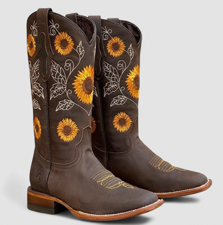 Sunflower Embroidered Square Toe Western Boots