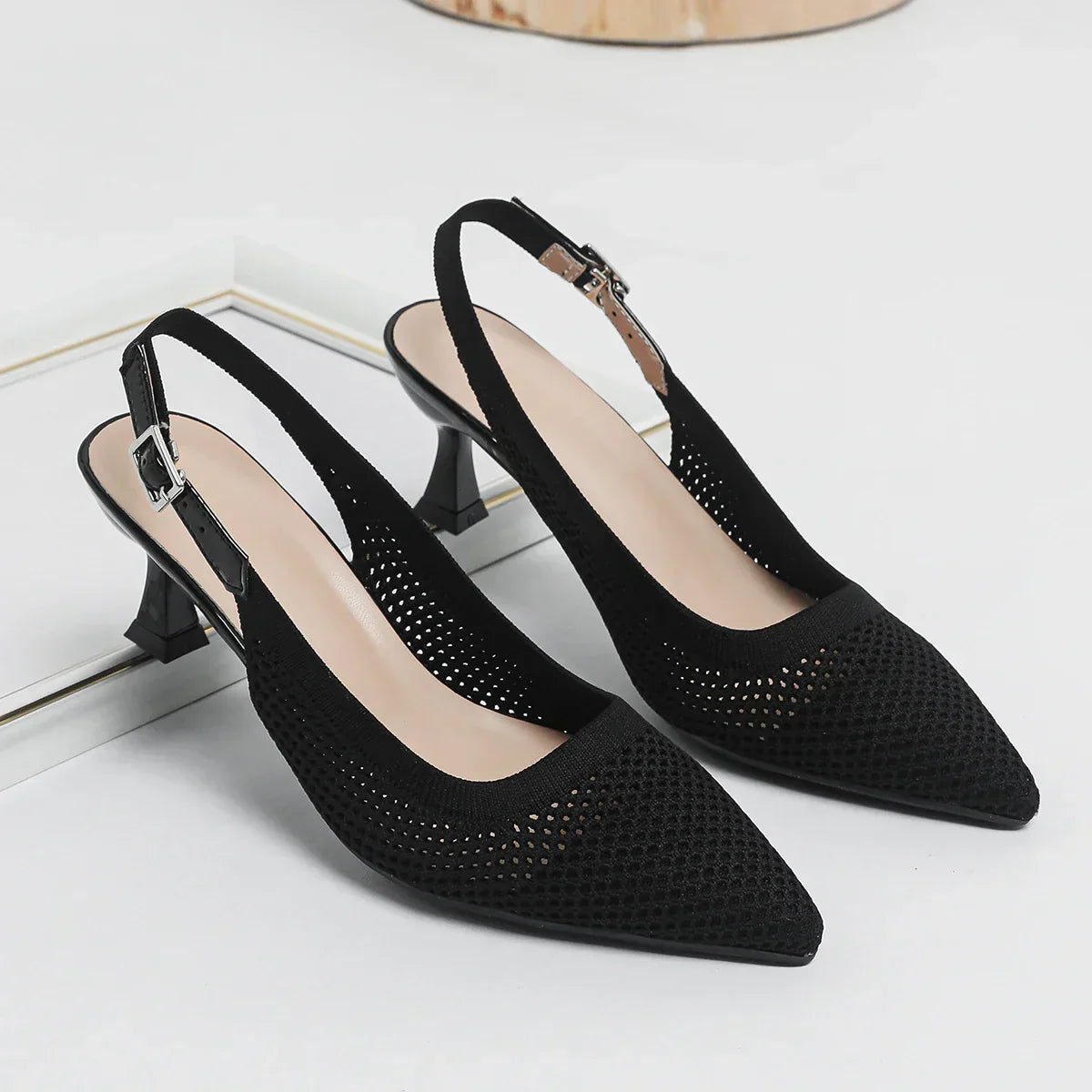 Pointed Toe Slingback Mesh Kitten Heel Pumps