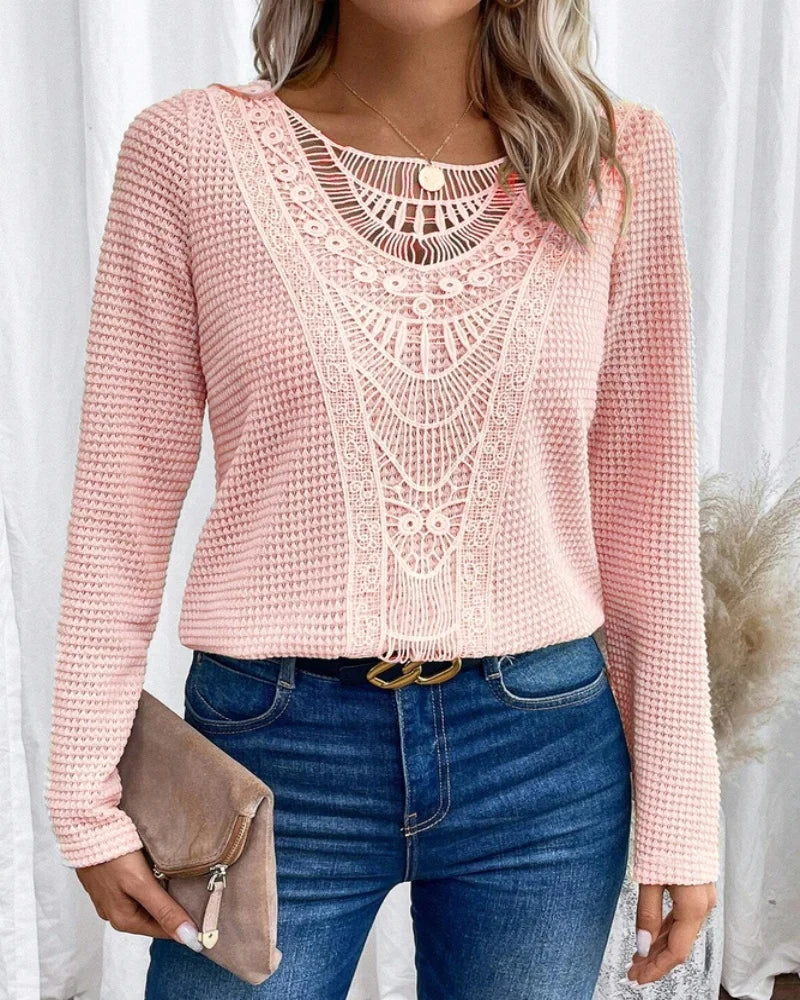 Crochet Lace Panel Waffle Knit Long Sleeve Top