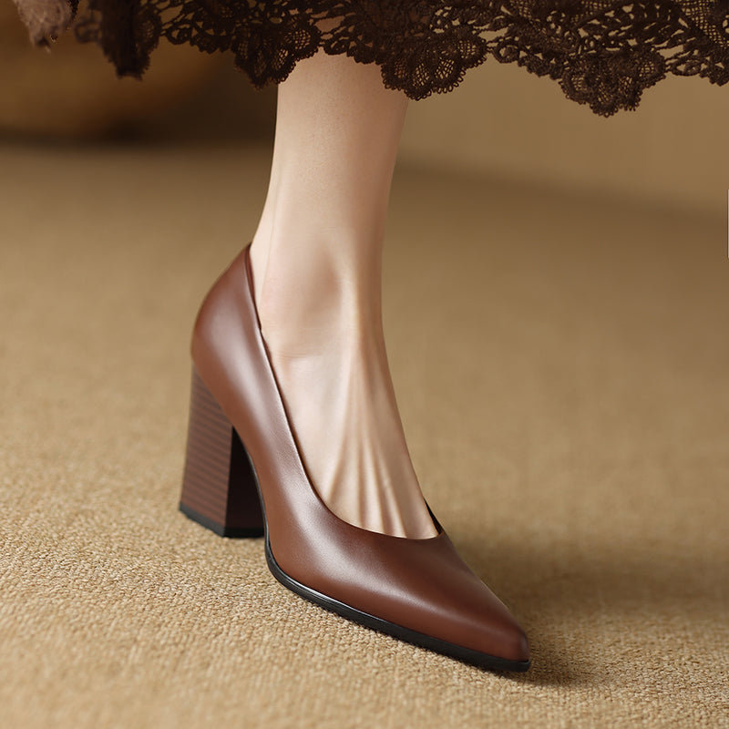 Pointed Toe Block Heel Slip On Leather Look Pumps