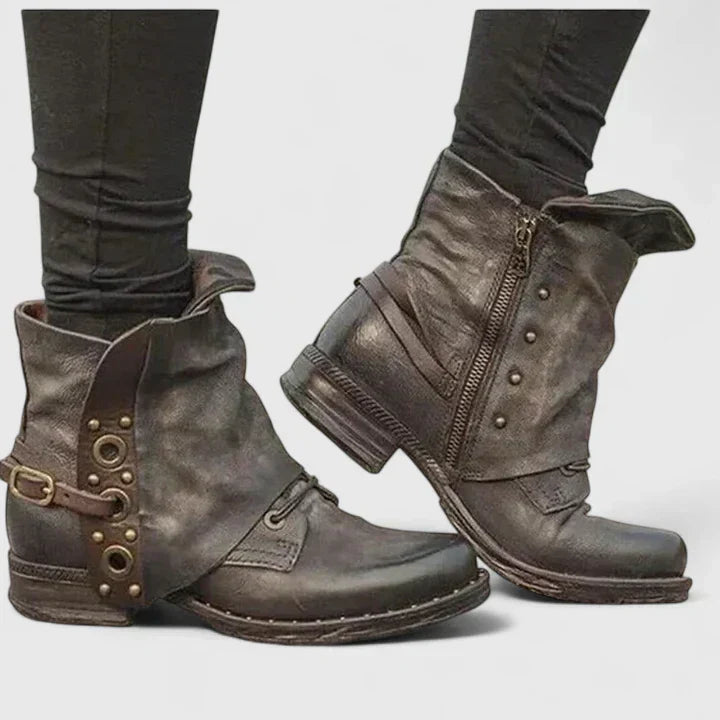 Distressed Buckle Strap Side Zip Ankle Boots