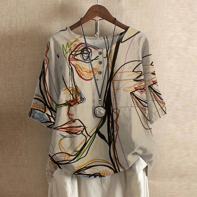 Round Neck Half Sleeve Floral Button Blouse