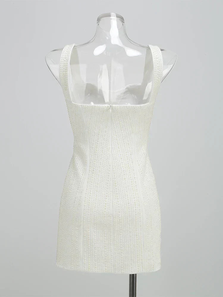 Faux Pearl Beaded Square Neck Spaghetti Strap Bodycon Mini Dress 5