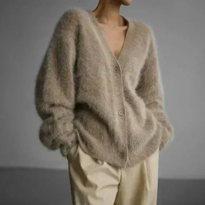 V-Neck Button Front Fuzzy Knit Oversized Cardigan