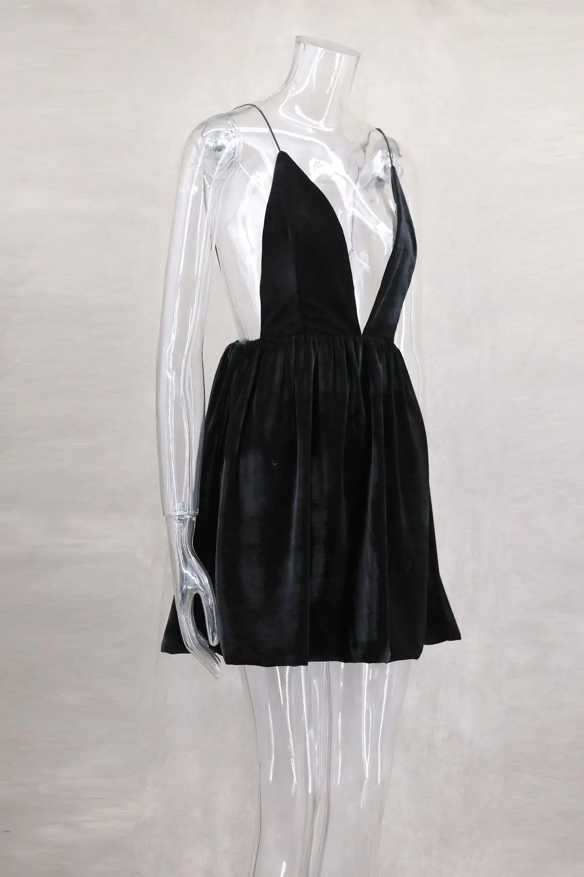 Velvet Deep V-Neck Spaghetti Strap Bubble Hem Mini Dress 16