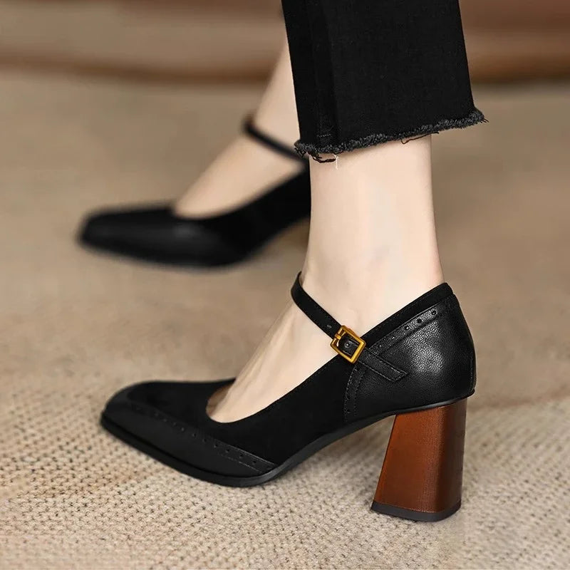 Square Toe Ankle Strap Block Heel Mary Jane Pumps