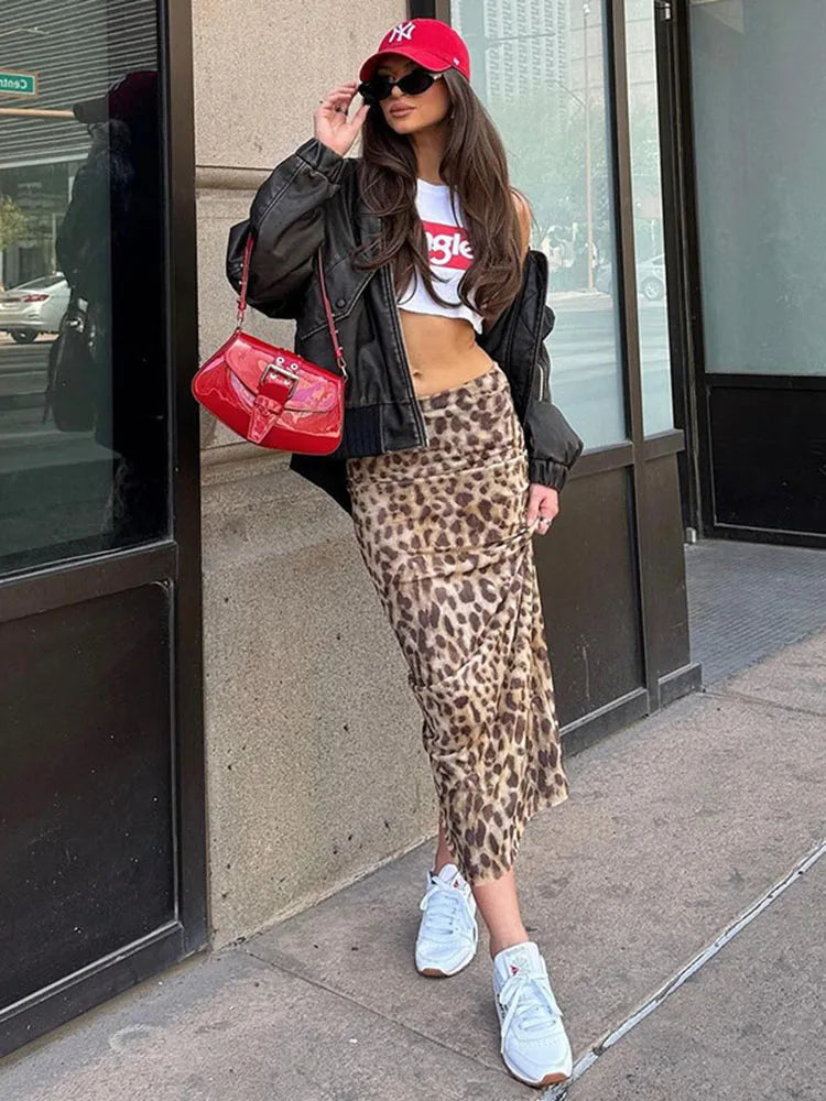 Leopard Print Maxi Skirt Women's Summer Slim Fashion Patchwork High Waist Streetwear Party Maxi Dress Chic Maxi Skirt