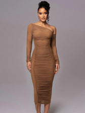 Diagonal Collar Draped Mesh Maxi Dress 4