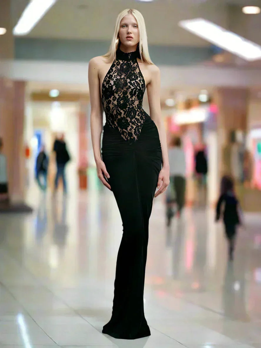 Lace Bodice Halter Neck Sleeveless Ruched Waist Fitted Maxi Dress