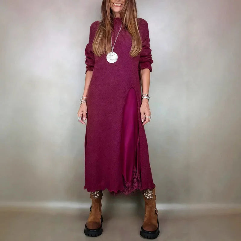 Knit High Neck Long Sleeve High Split Maxi Two Piece Set 4