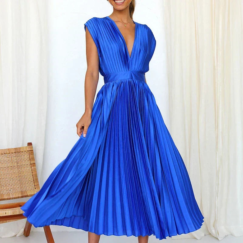Deep V-Neck Cap Sleeve Pleated Flared Midi Dress