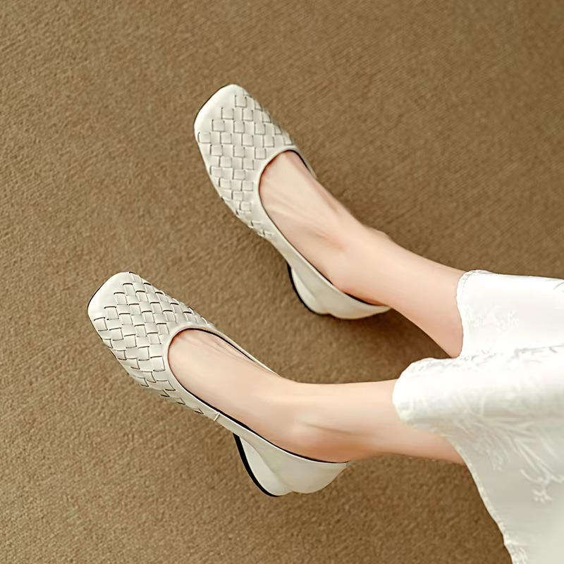 Woven Square Toe Low Block Heel Pumps