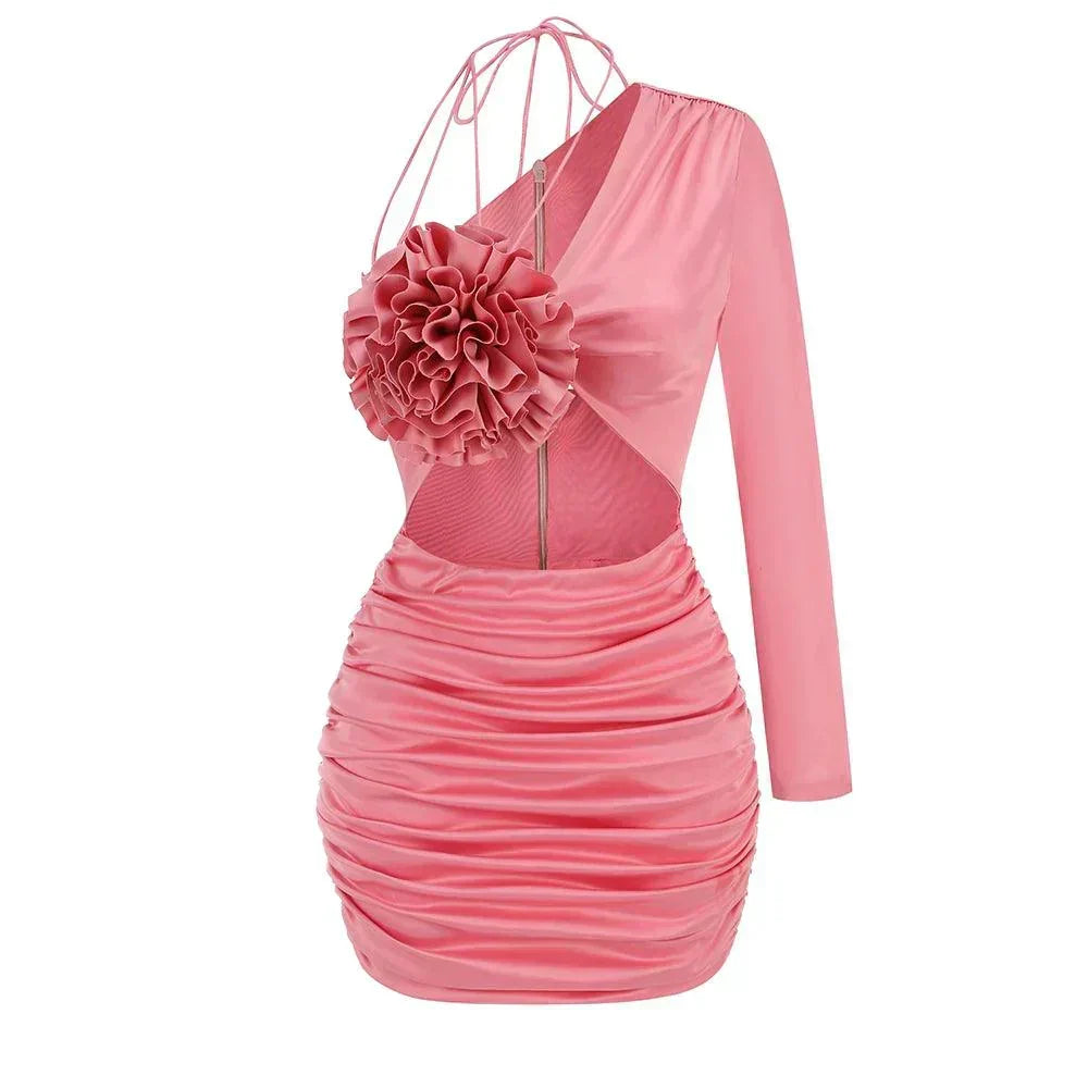 Satin One Shoulder Long Sleeve Rosette Cut Out Ruched Mini Dress 4
