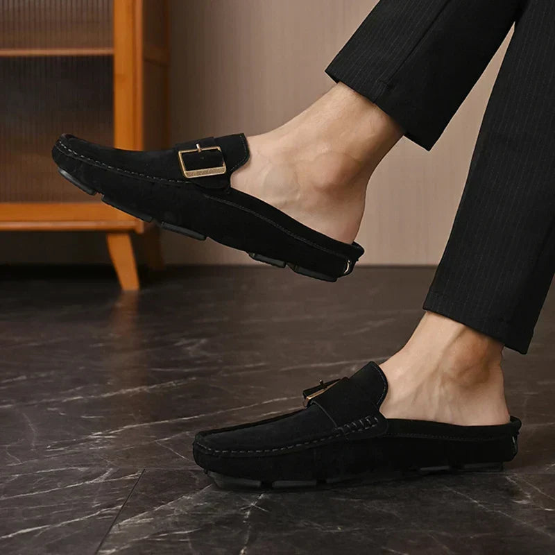 Suede-Look Buckle Backless Loafer Mules