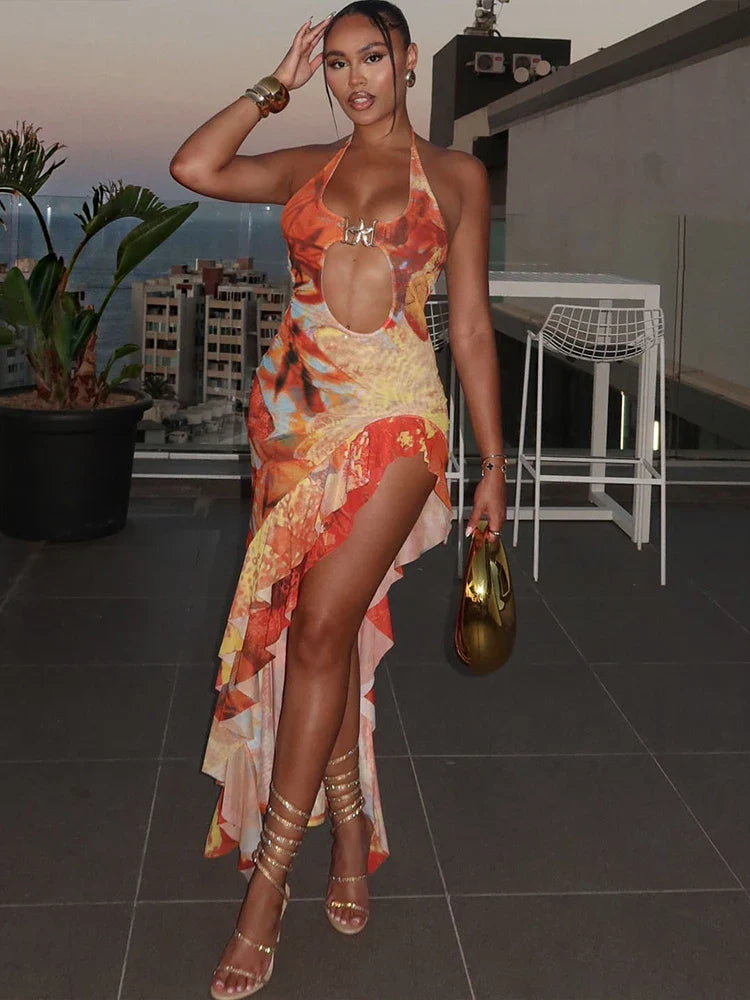 Halter Metal Ruffle Split Midi Dress