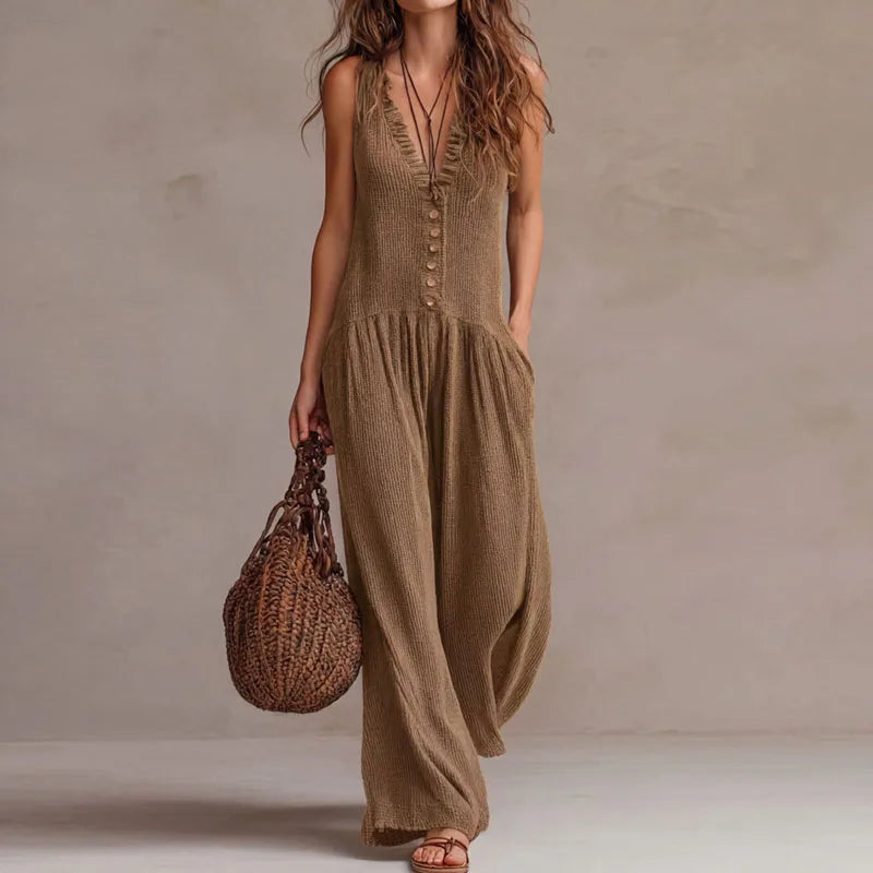 Deep V-Neck Button Front Sleeveless Wide Leg Jumpsuit