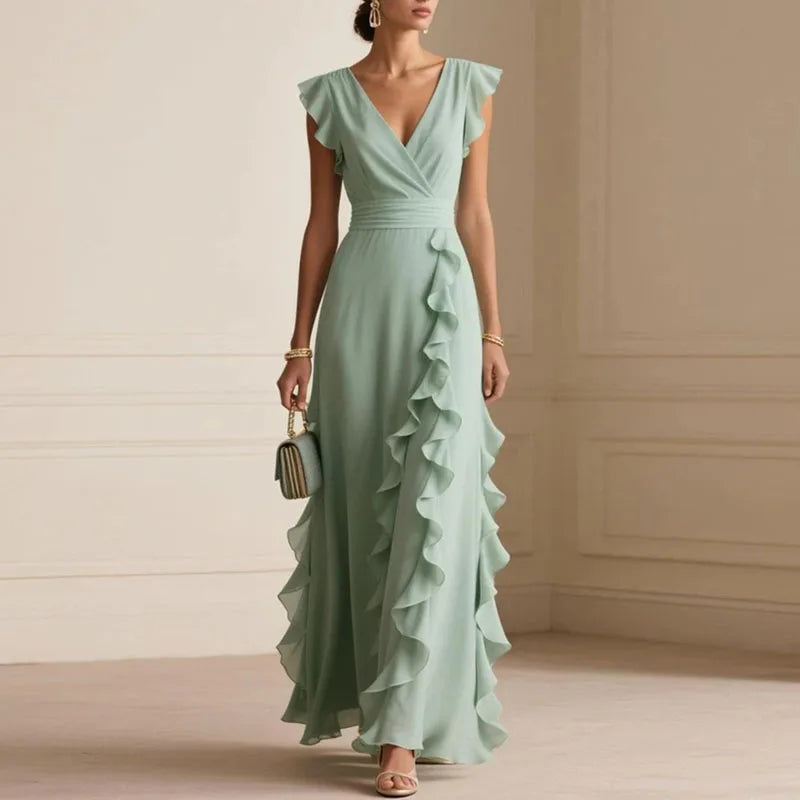 Chiffon Deep V-Neck Ruffle Cascade A-Line Maxi Gown