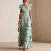 Chiffon Deep V-Neck Ruffle Cascade A-Line Maxi Gown