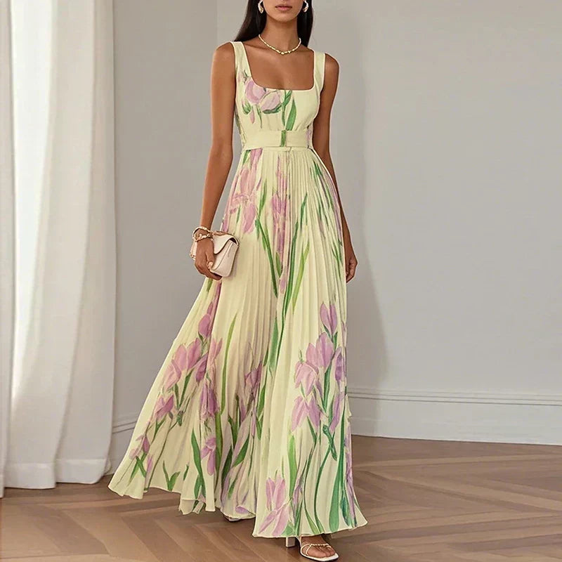 Floral Pleated Square Neck Sleeveless A-Line Maxi Dress Wedding Guest
