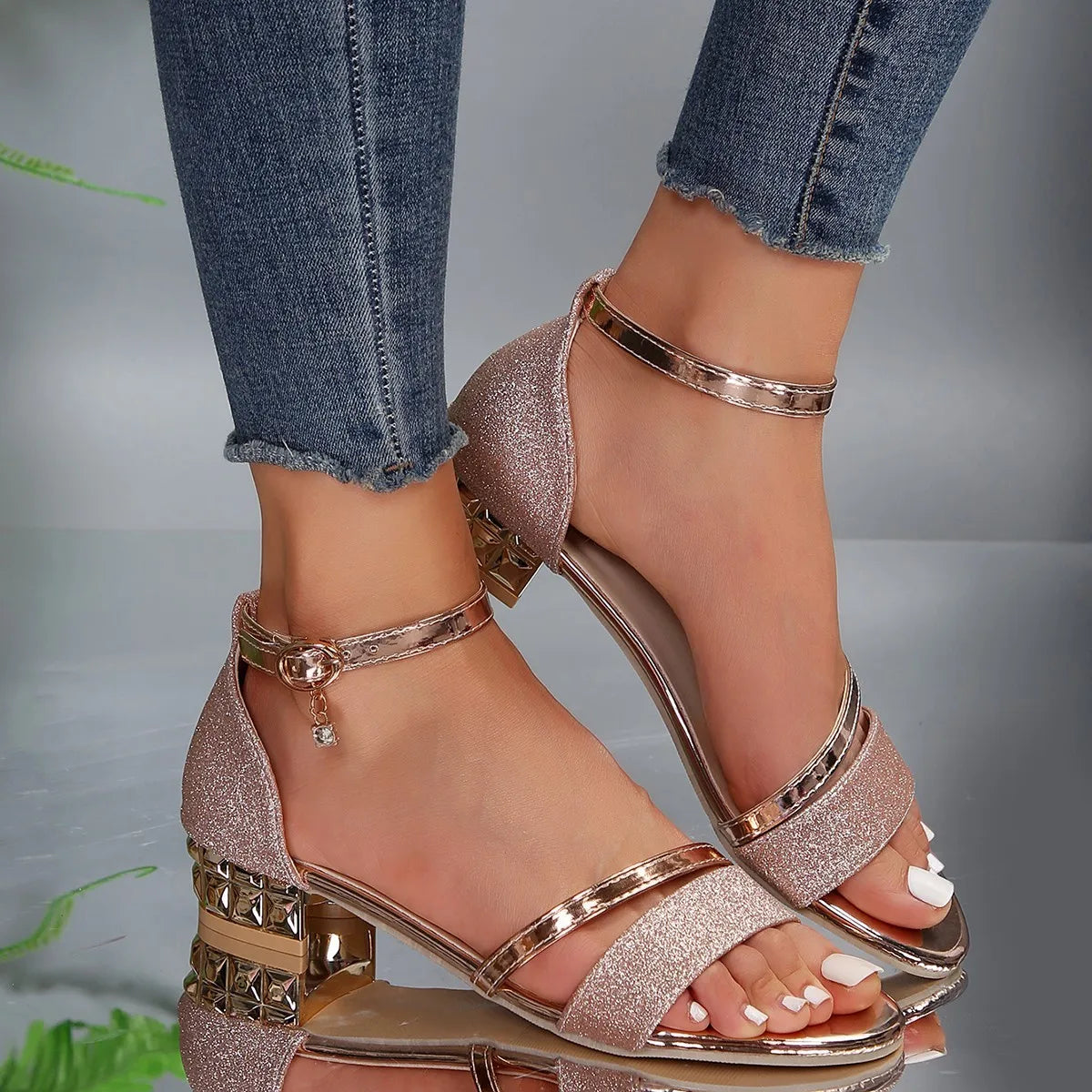 Open Toe Ankle Strap Block Heel Sandals