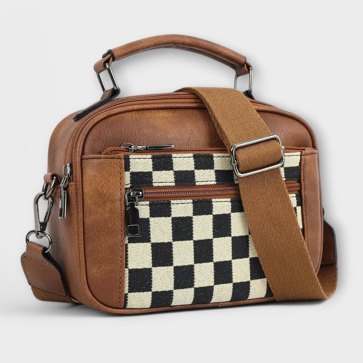 Checkerboard Print Top Handle Crossbody Bag