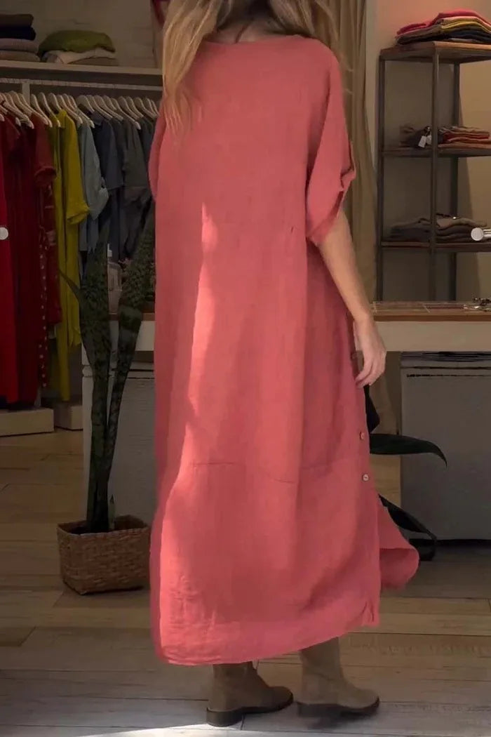 V-Neck Roll Tab Sleeve Pocket Oversized Maxi Dress
